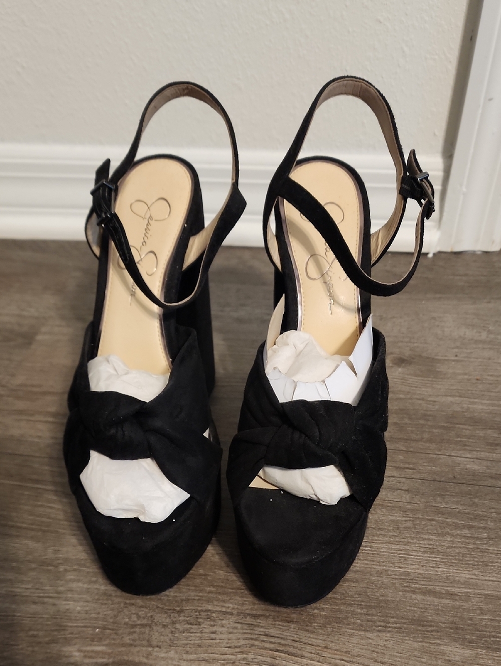 Jessica Simpson Black Knotted Suede Platform Slingback Heels